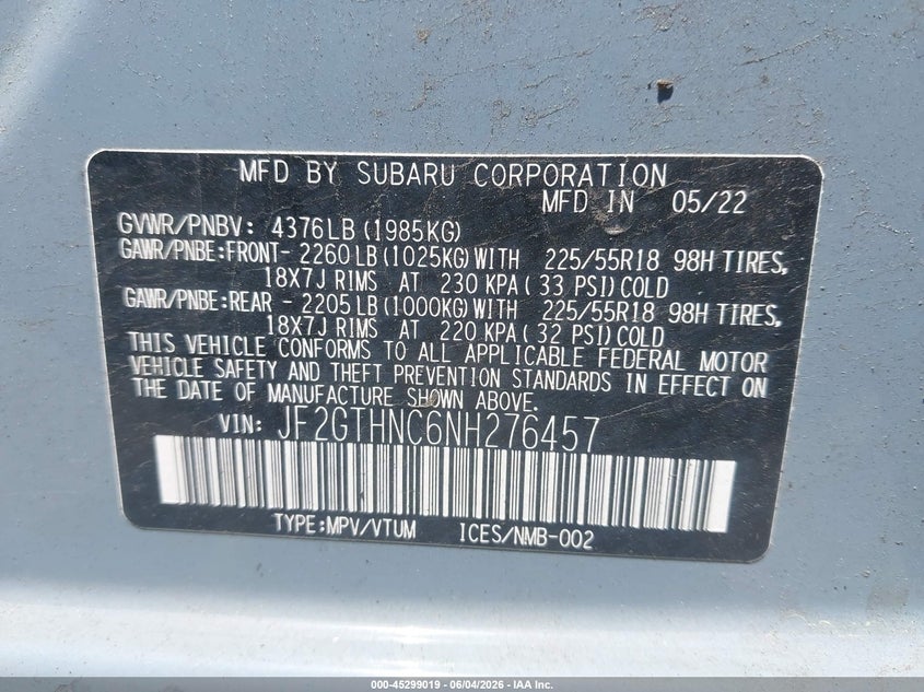 2022 Subaru Xv VIN JF2GTHNC6NH276457 IAAI salvage auction — REAR END, Salvage (Rhode Island), sold $4,500 on 2026-08-01 (photo 9)
