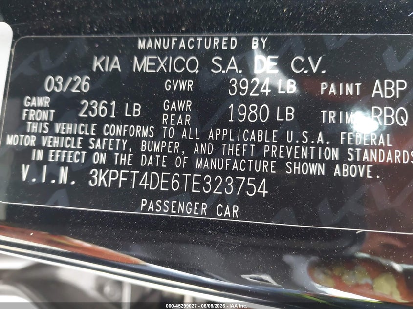 2026 Kia K4 VIN 3KPFT4DE6TE323754 IAAI salvage auction — FRONT & REAR, Salvage (California), sold $5,700 on 2026-07-29 (photo 9)