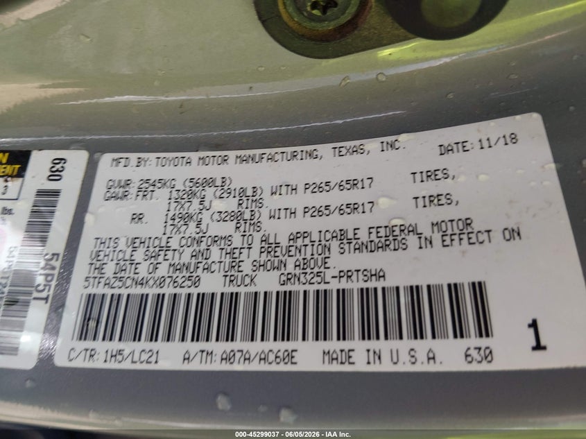 2019 Toyota Tacoma VIN 5TFAZ5CN4KX076250 IAAI salvage auction — WATER/FLOOD, Salvage (Mississippi), sold $8,300 on 2026-07-30 (photo 9)