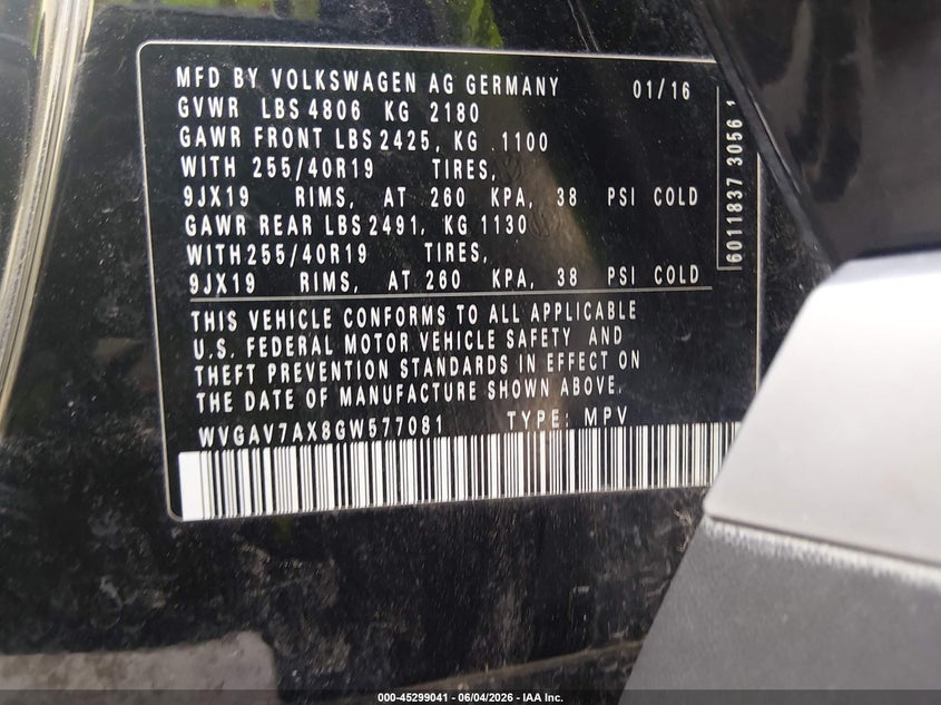 2016 Volkswagen Tiguan VIN WVGAV7AX8GW577081 IAAI salvage auction — LEFT SIDE, Salvage Title, sold $2,550 on 2026-07-21 (photo 9)