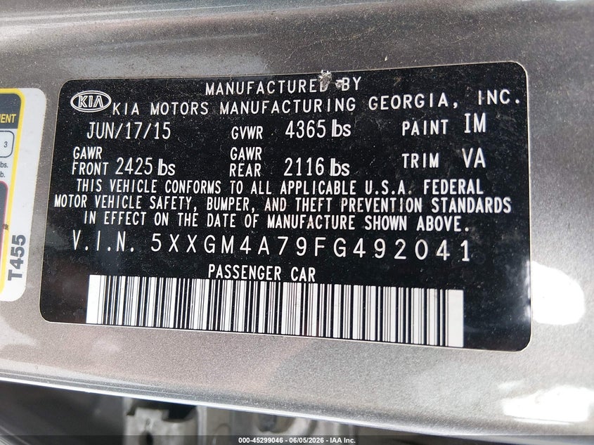 2015 Kia Optima VIN 5XXGM4A79FG492041 IAAI salvage auction — THEFT, Salvage (Illinois), sold $275 on 2026-07-28 (photo 9)