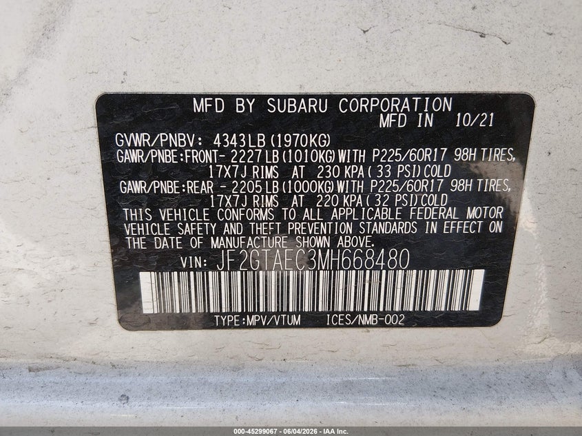2021 Subaru Xv VIN JF2GTAEC3MH668480 IAAI salvage auction — SIDE, Salvage Title, sold $6,700 on 2026-07-18 (photo 9)