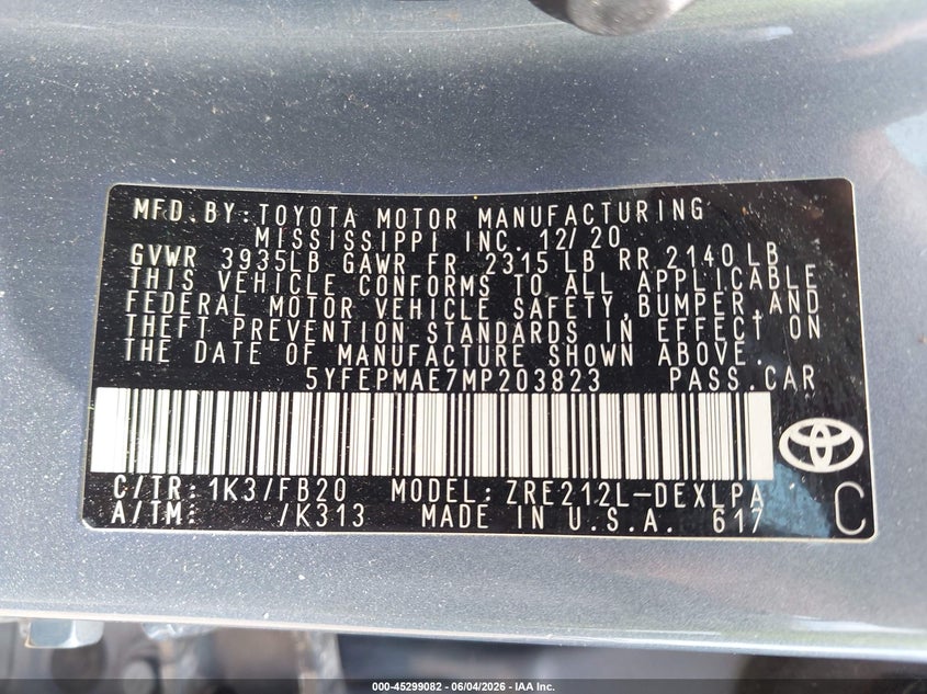 2021 Toyota Corolla VIN 5YFEPMAE7MP203823 IAAI salvage auction — FRONT & REAR, Salvage (Ohio), sold $1,550 on 2026-08-01 (photo 9)