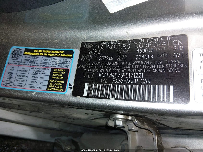 2015 Kia Cadenza VIN KNALN4D75F5171221 IAAI salvage auction — FRONT END, Salvage (Idaho), sold $350 on 2026-07-10 (photo 9)