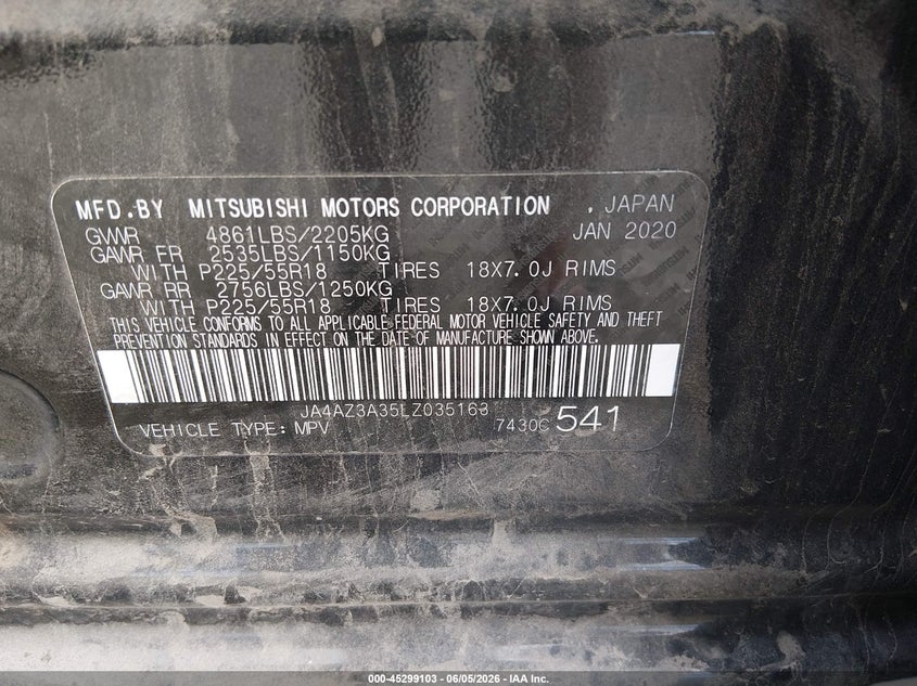 2020 Mitsubishi Outlander VIN JA4AZ3A35LZ035163 IAAI salvage auction — FRONT END, Salvage (Oregon), sold $3,350 on 2026-08-25 (photo 9)