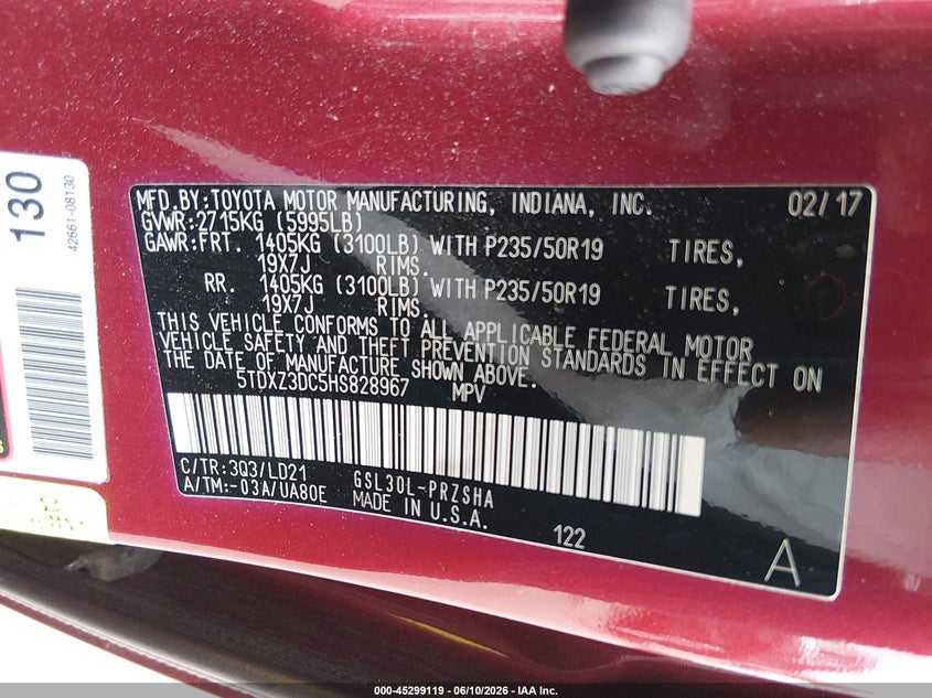 2017 Toyota Sienna VIN 5TDXZ3DC5HS828967 IAAI salvage auction — LEFT SIDE, Salvage (New Jersey), sold $6,150 on 2026-07-27 (photo 9)
