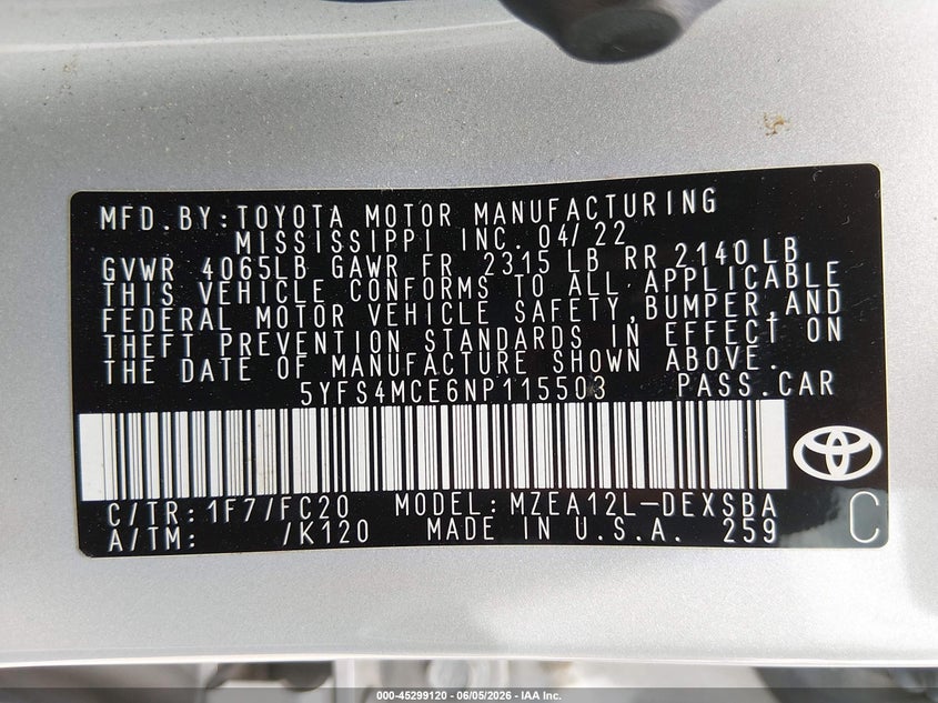 2022 Toyota Corolla VIN 5YFS4MCE6NP115503 IAAI salvage auction — FRONT END, Salvage (Texas), sold $1,050 on 2026-07-21 (photo 9)