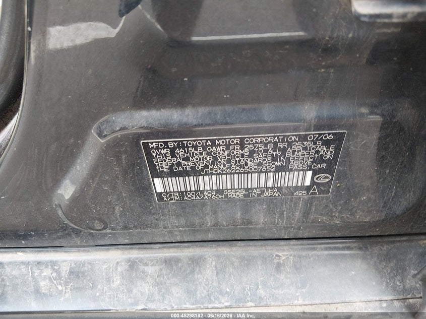 2006 Lexus Is 250 VIN JTHCK262265007652 IAAI salvage auction — FRONT END, Nrc Lienholder Repossession Paperwork (Mississippi), sold $400 on 2026-07-30 (photo 9)