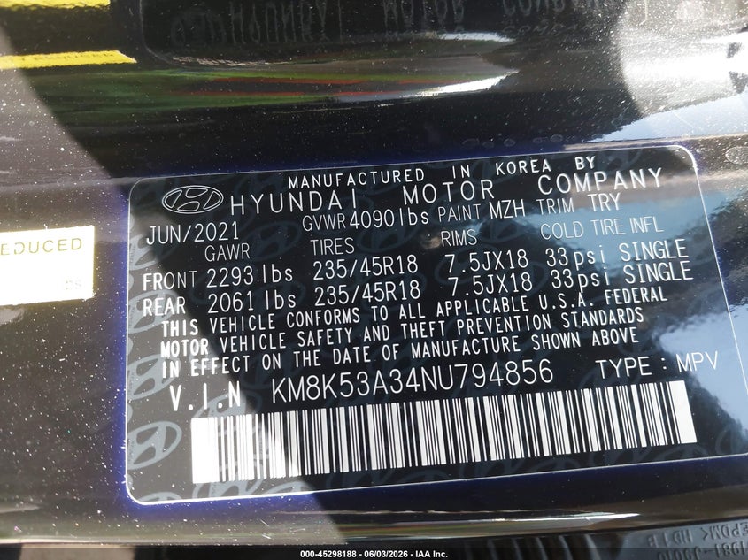 2022 Hyundai Kona VIN KM8K53A34NU794856 IAAI salvage auction — FRONT END, Salvage Title, sold $4,350 on 2026-07-27 (photo 9)
