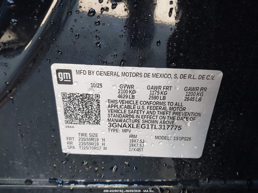 2026 Chevrolet Equinox VIN 3GNAXLEG1TL317775 IAAI salvage auction — FRONT END, Salvage - Greater Than 75% (Maryland), sold $8,700 on 2026-07-30 (photo 9)
