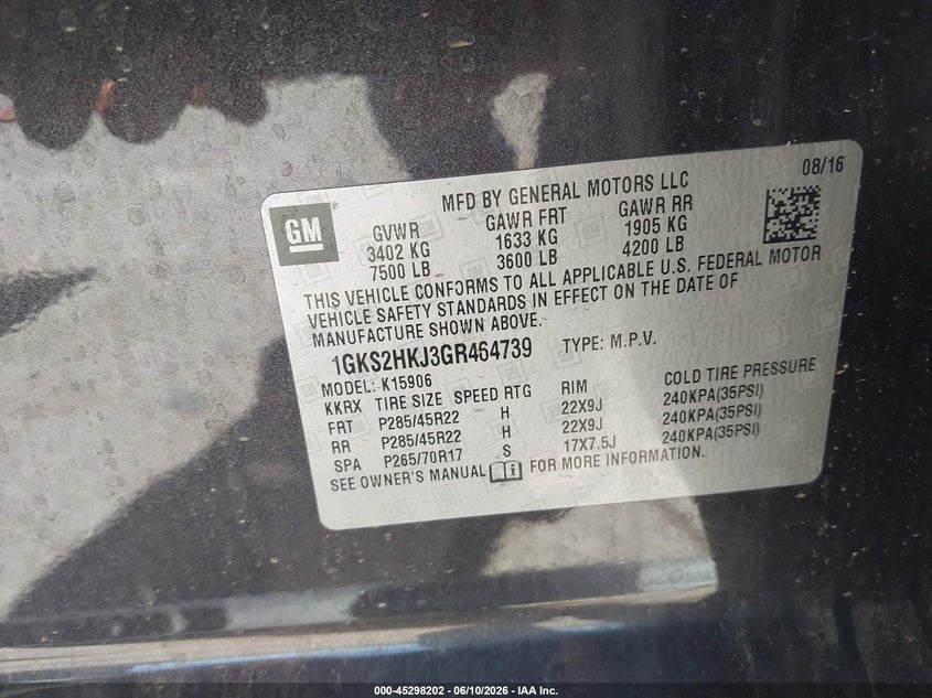 2016 Gmc Yukon VIN 1GKS2HKJ3GR464739 IAAI salvage auction — LEFT FRONT, Salvage (New Mexico), sold $4,700 on 2026-07-09 (photo 9)