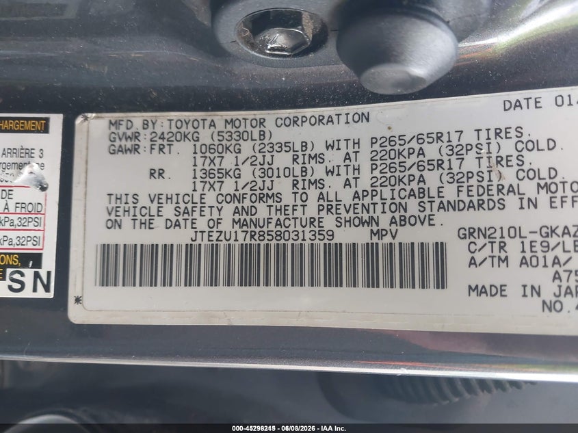 2005 Toyota 4runner VIN JTEZU17R858031359 IAAI salvage auction — UNKNOWN, Repossession Paperwork (South Carolina), sold $2,050 on 2026-07-14 (photo 9)