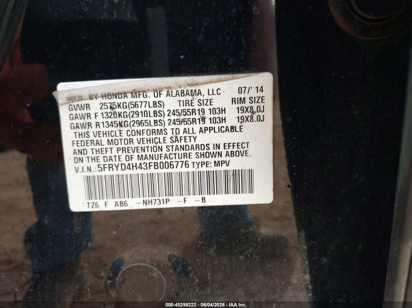 2015 Acura Mdx VIN 5FRYD4H43FB006776 IAAI salvage auction — HAIL, Salvage Title, sold $2,450 on 2026-08-03 (photo 9)