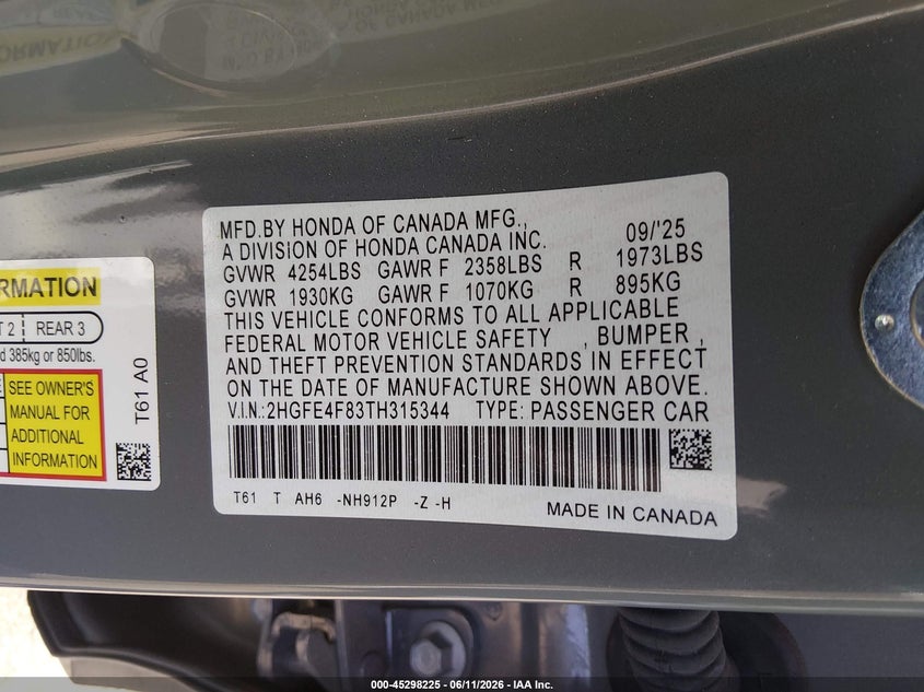 2026 Honda Civic VIN 2HGFE4F83TH315344 IAAI salvage auction — REAR END, Salvage Title, sold $11,400 on 2026-07-31 (photo 9)