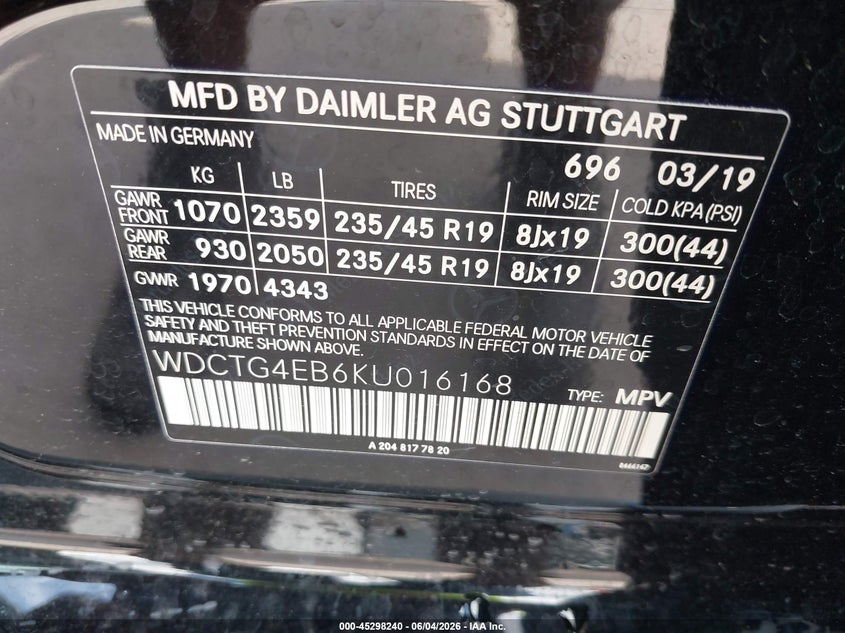 2019 Mercedes-benz Gla-klasse VIN WDCTG4EB6KU016168 IAAI salvage auction — LEFT SIDE, Original (Texas), sold $6,500 on 2026-08-13 (photo 9)