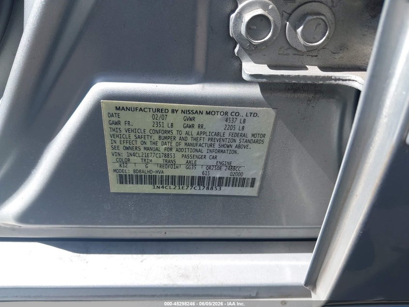 2007 Nissan Altima hybrid VIN 1N4CL21E77C178853 IAAI salvage auction — FRONT END, Salvage Certificate (California), sold $450 on 2026-07-10 (photo 9)