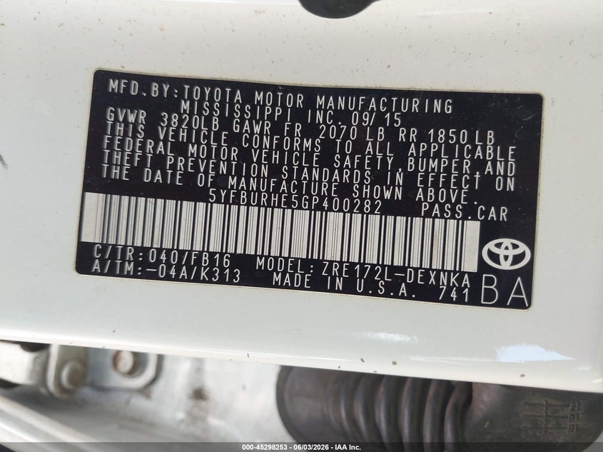 2016 Toyota Corolla VIN 5YFBURHE5GP400282 IAAI salvage auction — REAR END, Salvage Title, sold $3,675 on 2026-07-07 (photo 9)