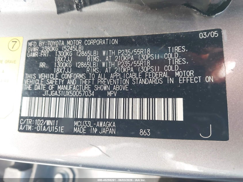 2005 Lexus Rx VIN JTJGA31UX50057034 IAAI salvage auction — RIGHT REAR, Repossession Paperwork (Georgia), sold $1,750 on 2026-07-08 (photo 9)