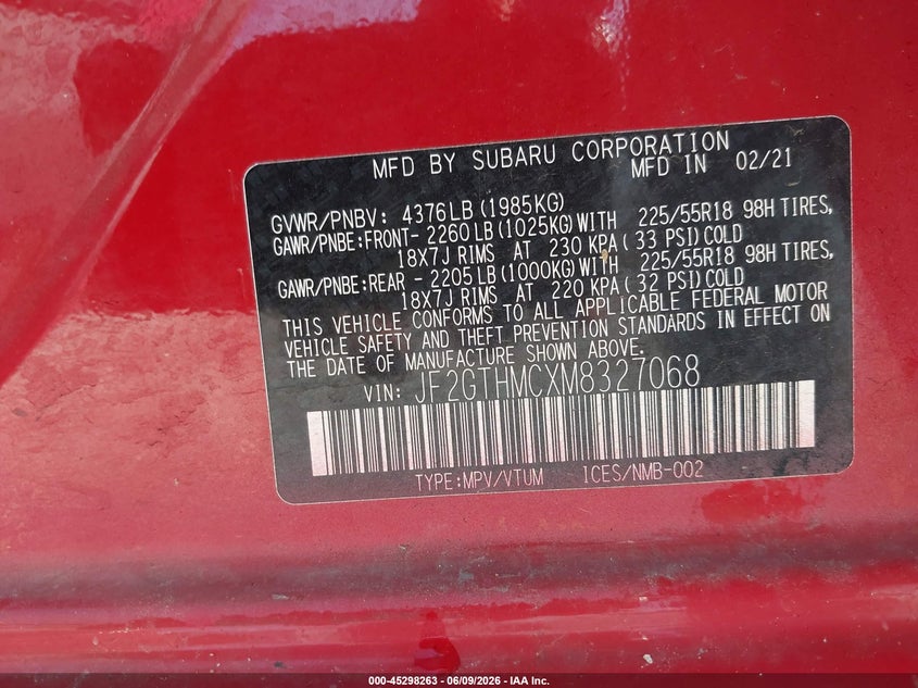 2021 Subaru Xv VIN JF2GTHMCXM8327068 IAAI salvage auction — HAIL, Salvage Title, sold $7,550 on 2026-07-13 (photo 9)