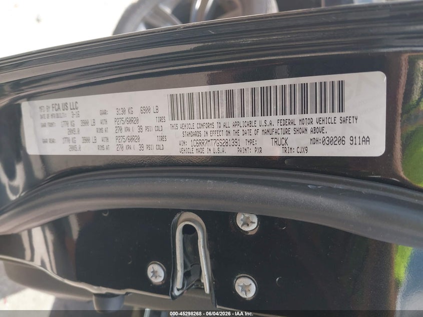 2016 Ram 1500 VIN 1C6RR7MT7GS281391 IAAI salvage auction — FRONT END, Salvage Title, sold $3,300 on 2026-07-28 (photo 9)
