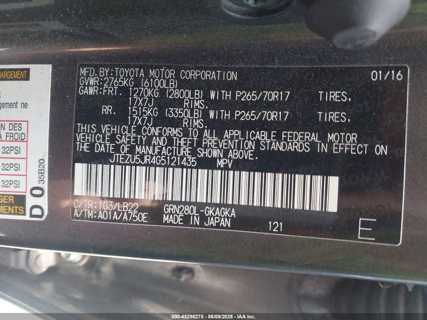 2016 Toyota 4runner VIN JTEZU5JR4G5121435 IAAI salvage auction — FRONT END, Salvage Title, sold $6,450 on 2026-07-22 (photo 9)