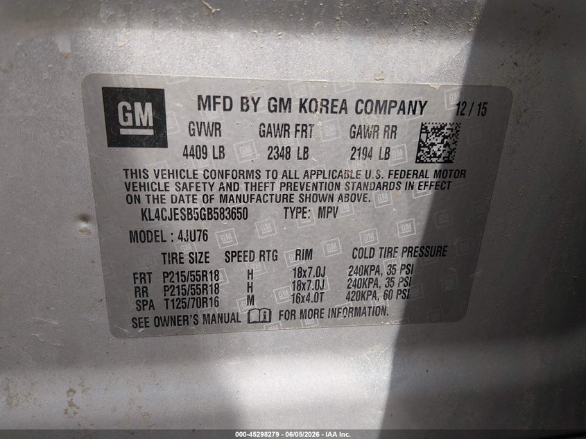 2016 Buick Encore VIN KL4CJESB5GB583650 IAAI salvage auction — FRONT END, Salvage (Ohio), sold $1,700 on 2026-07-15 (photo 9)