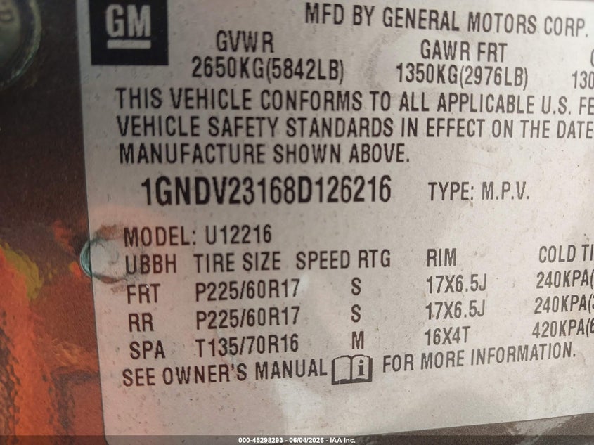 2008 Chevrolet Uplander VIN 1GNDV23168D126216 IAAI salvage auction — FRONT END, Salvage (Ohio), sold $325 on 2026-07-06 (photo 9)