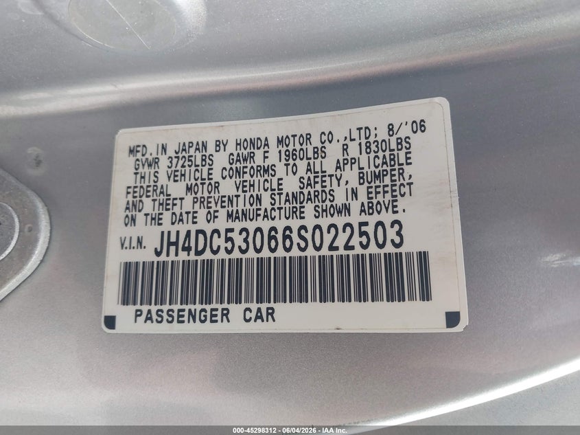 2006 Acura Rsx VIN JH4DC53066S022503 IAAI salvage auction — FRONT END, Salvage (Oregon), sold $3,050 on 2026-07-23 (photo 9)