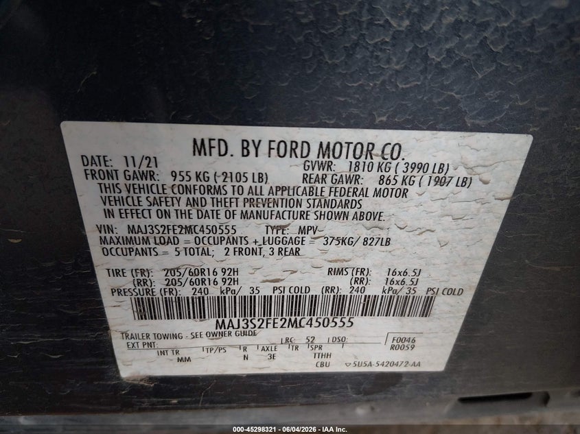 2021 Ford Ecosport VIN MAJ3S2FE2MC450555 IAAI salvage auction — FRONT END, Salvage Title, sold $1,050 on 2026-07-29 (photo 9)