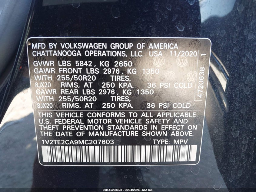 2021 Volkswagen Atlas cross sport VIN 1V2TE2CA9MC207603 IAAI salvage auction — FRONT & REAR, Salvage Title, sold $4,300 on 2026-07-28 (photo 9)