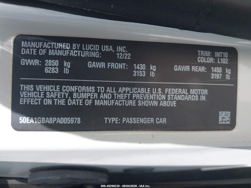 2023 Lucid Air VIN 50EA1GBA8PA005978 IAAI salvage auction — RIGHT SIDE, Salvage Title, sold $3,250 on 2026-08-21 (photo 9)