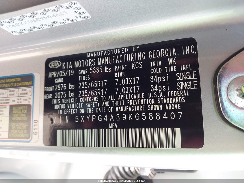 2019 Kia Sorento VIN 5XYPG4A39KG588407 IAAI salvage auction — RIGHT SIDE, Salvage (Georgia), sold $2,450 on 2026-07-24 (photo 9)
