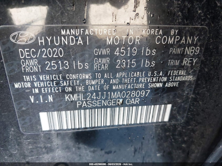 2021 Hyundai Sonata VIN KMHL24JJ1MA028097 IAAI salvage auction — NORMAL WEAR, Sf97 (Illinois), sold $10,100 on 2026-07-14 (photo 9)