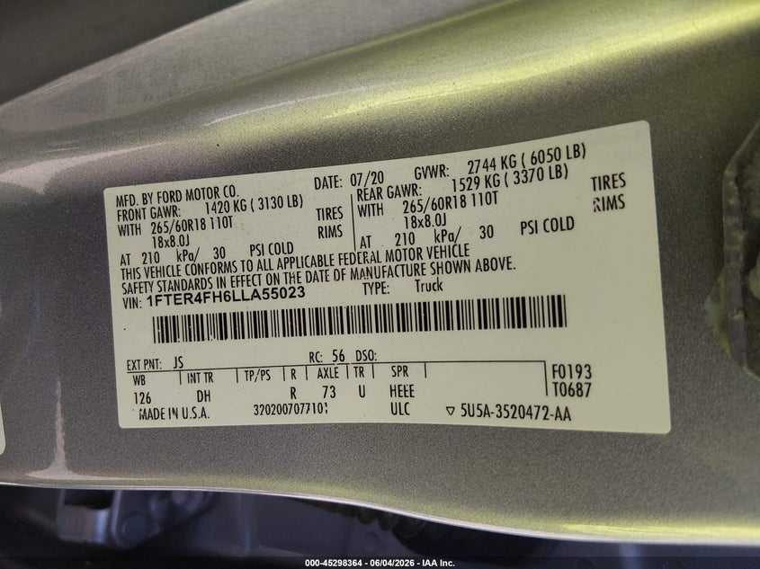 2020 Ford Ranger VIN 1FTER4FH6LLA55023 IAAI salvage auction — REAR END, Salvage (Massachusetts), sold $8,975 on 2026-07-28 (photo 9)