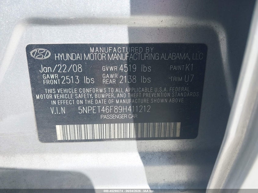 2009 Hyundai Sonata VIN 5NPET46F89H411212 IAAI salvage auction — REAR END, Salvage (Georgia), sold $1,000 on 2026-07-09 (photo 9)