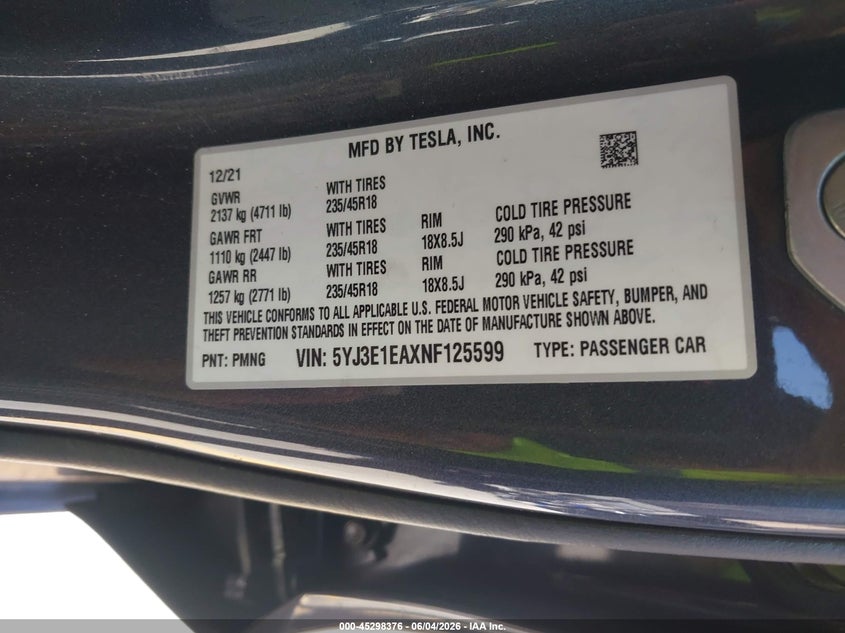2022 Tesla Model 3 VIN 5YJ3E1EAXNF125599 IAAI salvage auction — REAR END, Salvage Title, sold $7,400 on 2026-07-13 (photo 9)