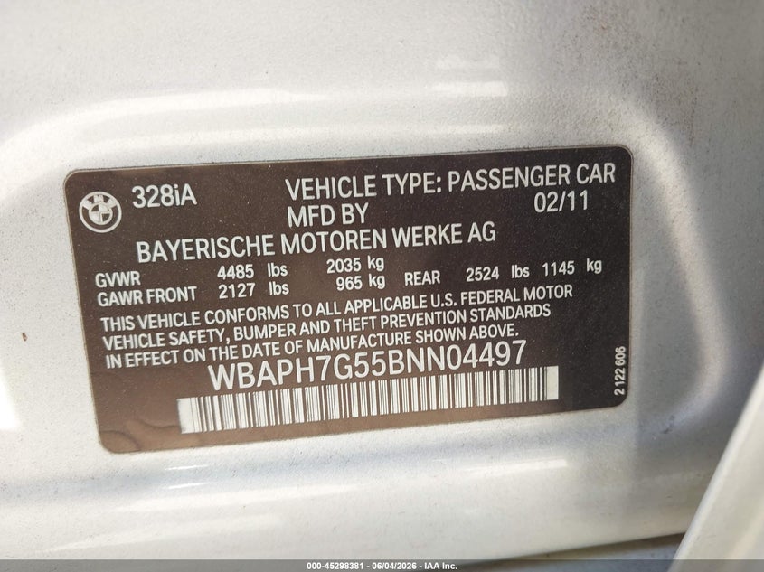 2011 BMW 3 series VIN WBAPH7G55BNN04497 IAAI salvage auction — SIDE, Salvage (Georgia), sold $475 on 2026-07-18 (photo 9)