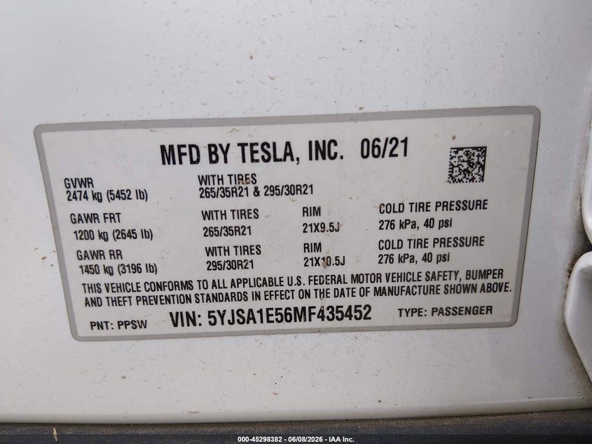 2021 Tesla Model s VIN 5YJSA1E56MF435452 IAAI salvage auction — FRONT END, Salvage Title, sold $8,500 on 2026-07-09 (photo 9)