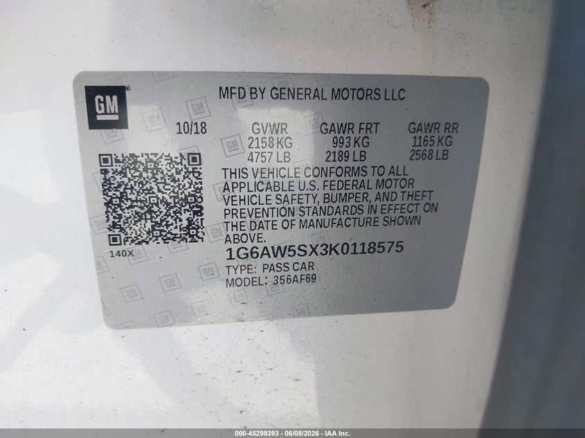 2019 Cadillac Cts VIN 1G6AW5SX3K0118575 IAAI salvage auction — FRONT END, Salvage Title, sold $3,000 on 2026-07-09 (photo 9)