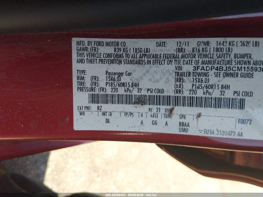 2012 Ford Fiesta VIN 3FADP4BJ5CM155936 IAAI salvage auction — SIDE, Salvage Title, sold $525 on 2026-07-18 (photo 9)