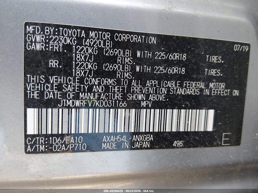 2019 Toyota Rav 4 VIN JTMDWRFV7KD031166 IAAI salvage auction — FRONT & REAR, Wait Title, sold $11,500 on 2026-09-22 (photo 9)