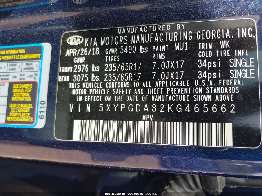 2019 Kia Sorento VIN 5XYPGDA32KG465662 IAAI salvage auction — FRONT END, Salvage Title, sold $2,400 on 2026-07-23 (photo 9)