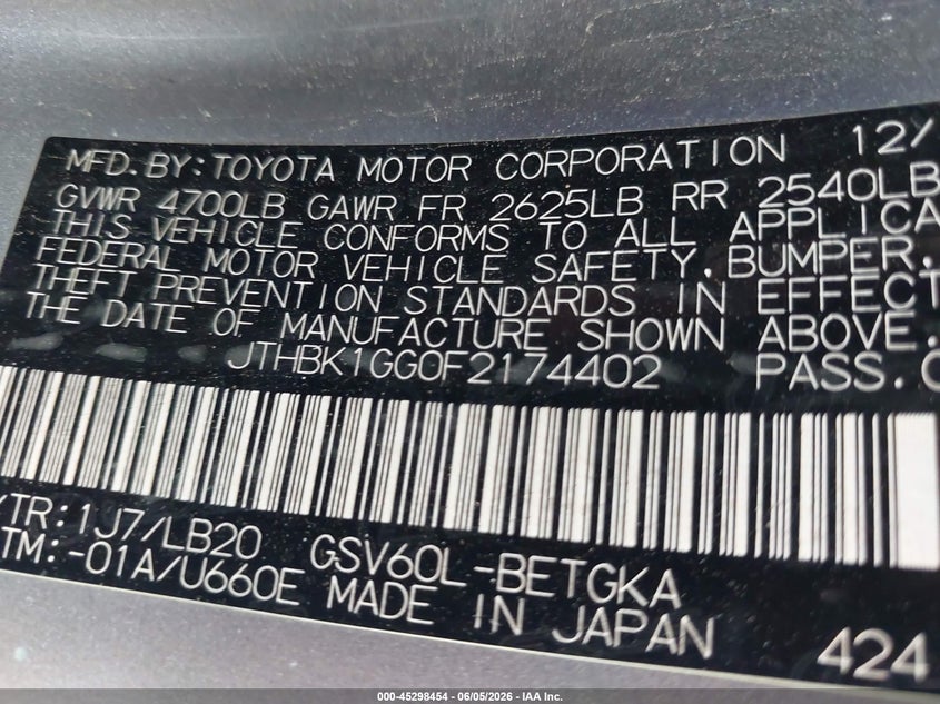 2015 Lexus ES VIN JTHBK1GG0F2174402 IAAI salvage auction — FRONT END, Original (Texas), sold $6,050 on 2026-07-13 (photo 9)