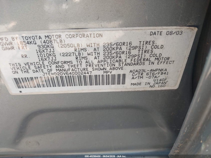 2004 Toyota Rav 4 VIN JTEHD20V640002447 IAAI salvage auction — NORMAL WEAR, Clear (Massachusetts), sold $1,025 on 2026-07-07 (photo 9)
