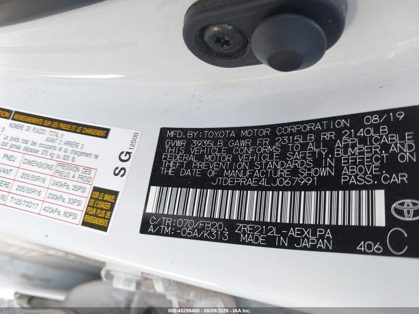 2020 Toyota Corolla VIN JTDEPRAE4LJ067991 IAAI salvage auction — SIDE, Salvage Title, sold $4,750 on 2026-07-21 (photo 9)
