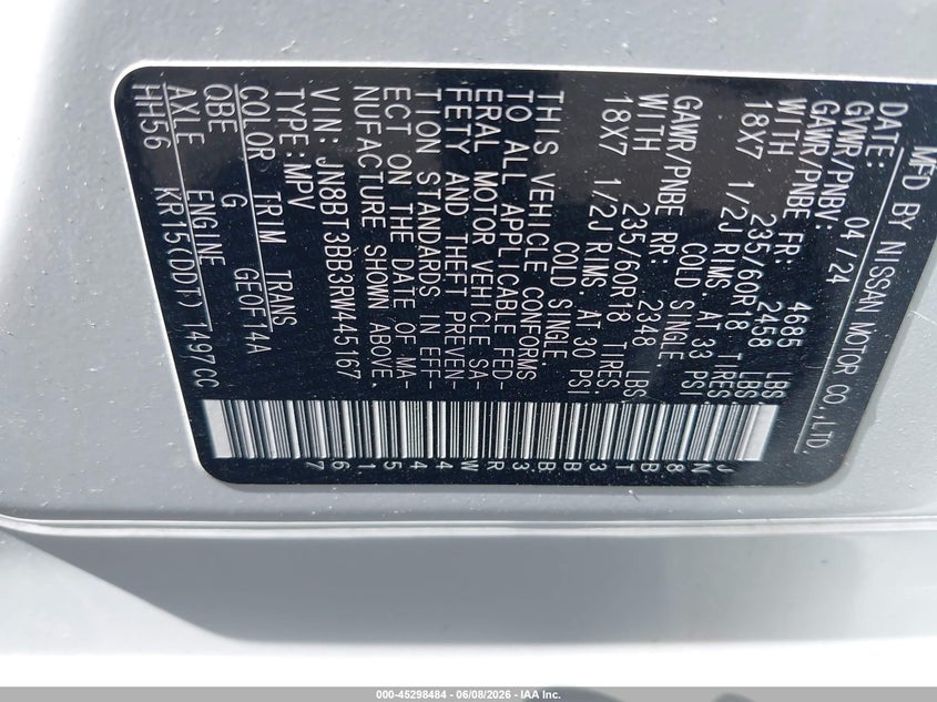 2024 Nissan Rogue VIN JN8BT3BB3RW445167 IAAI salvage auction — FRONT END, Salvage Title, sold $4,700 on 2026-07-07 (photo 9)