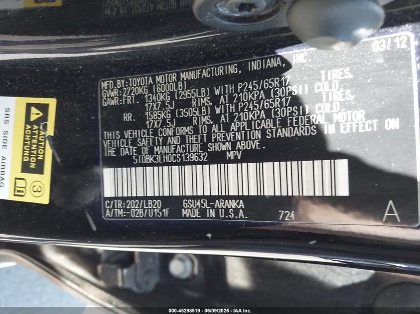 2012 Toyota Highlander VIN 5TDBK3EH0CS139632 IAAI salvage auction — FRONT END, Salvage Title, sold $3,125 on 2026-07-20 (photo 9)