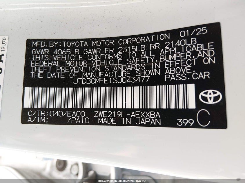 2025 Toyota Corolla VIN JTDBCMFE1SJ043477 IAAI salvage auction — FRONT END, Salvage Title, sold $10,300 on 2026-07-12 (photo 9)