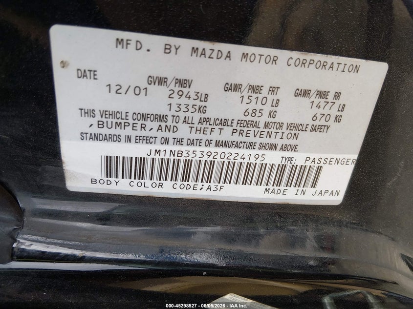 2002 Mazda Mx-5 miata VIN JM1NB353920224195 IAAI salvage auction — REAR END, Salvage (Louisiana), sold $225 on 2026-07-28 (photo 9)