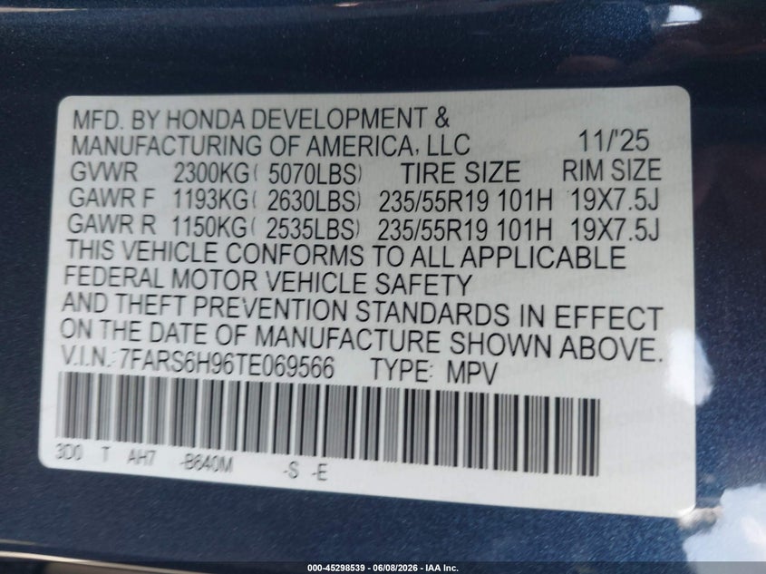 2026 Honda Cr-v VIN 7FARS6H96TE069566 IAAI salvage auction — ELECTRICAL, Salvage Title, sold $19,000 on 2026-07-07 (photo 9)